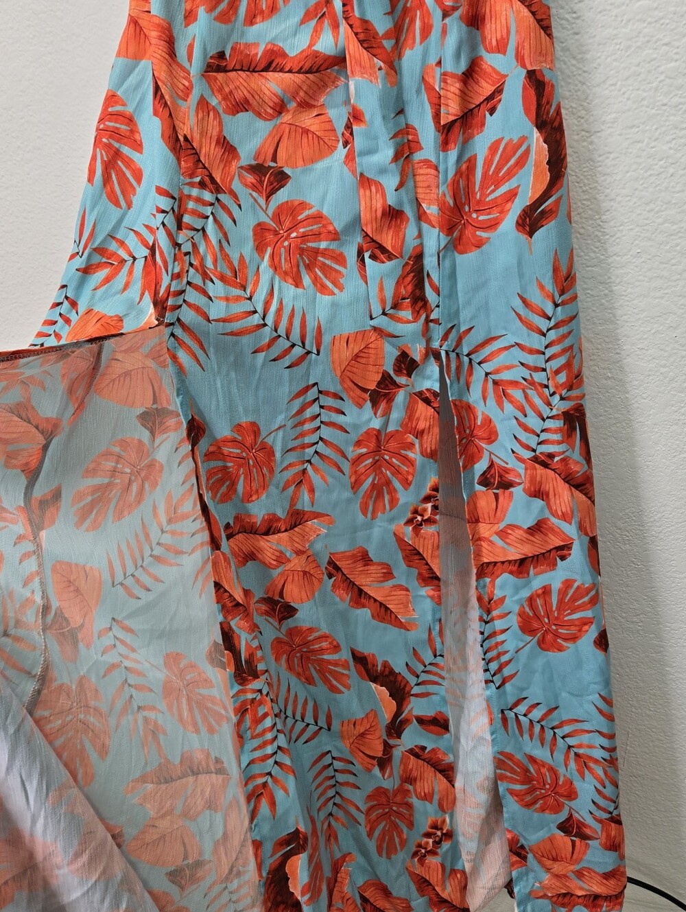 Blithe Blue Orange Leaf Print High Slit Maxi Dress Attached Shorts Romper Sz M - Picture 5 of 17